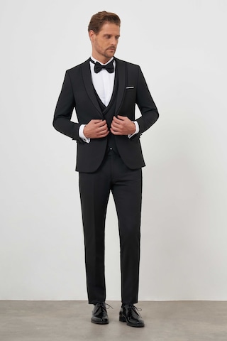 Morven Erkek Siyah Poliviskon Ceramonia Düz Desen Slim Fit Sivri Çıkma Yaka Damatlık Siyah