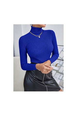 Hanclo Kadın Fitilli Balıkçı Yaka Slim Fit Triko Kazak Mavi