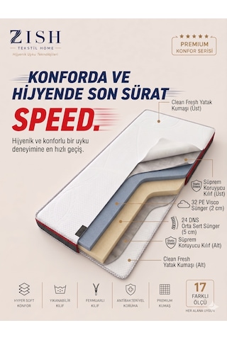 Speed 8 Cm Visco Katmanlı Yatak Pedi, Topper Ve Şilte Yıkanabilir Fermuarlı Kılıf Yer Yatağı, Misafir Yatağı, Kanepe Ve Koltuk Üstü Clean Fresh Kumaş 24 Dns 8 Cm