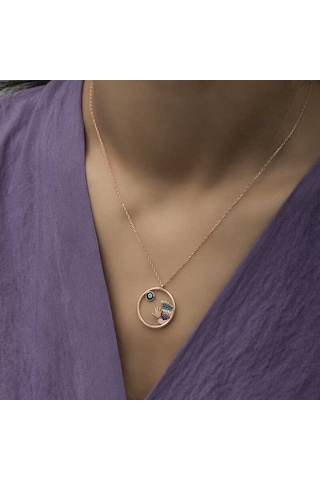 925 Ayar Gümüş Rose Altın Kaplama Kaplama Kaplama Nazarlı El Ve Ayak İzi Bayan Kolye Rose Gold
