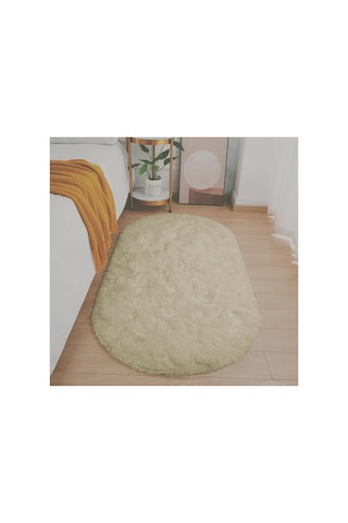 Bej Oval Post Halı Peluş Yumuşak Kaymaz Dot Taban Makinada Yıkanabilir Yolluk Bej