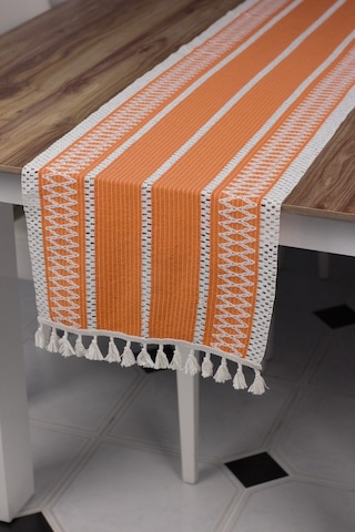 Pamuk Örme Püsküllü Turuncu Dantel Runner 35x145