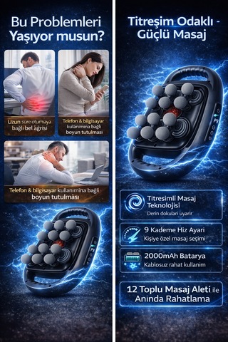 Kılıforyum 12 Toplu Şarjlı Masaj Aleti 9 Kademeli Hız Güçlü Motor Titreşimli Masaj Cihazı 2000mah Gümüş