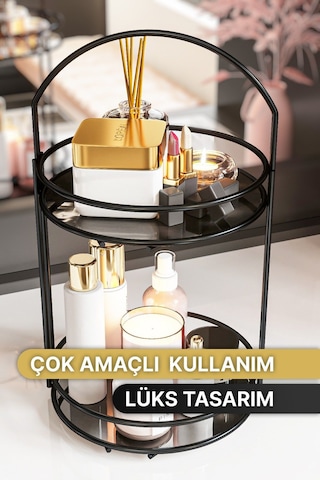 Banyo Düzenleyici 2 Katlı 40cm Siyah Lüks Düzenleyici Organizer Banyo Rafı Şampuanlık Dekoratif Siyah