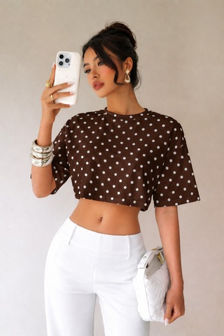 Hımmelduf Kadın Puantiye Desenli Crop Tişört Basic Oversize Yazlık Bluz Kahverengi
