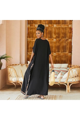 Edolynsa Siyah Vintage İşlemeli Uzun Kaftan Siyah