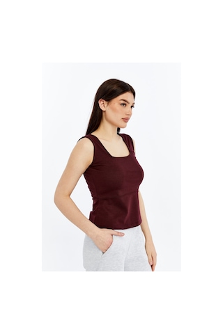 Kadın Kare Yaka Kolsuz Kalın Askılı Esnek Basic Bluz Bordo