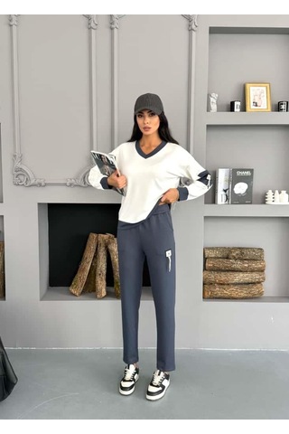 Elaxi Kadın Armalı Modal Kumaş V Yaka Tişort Pantolon İkili Takım Antrasit