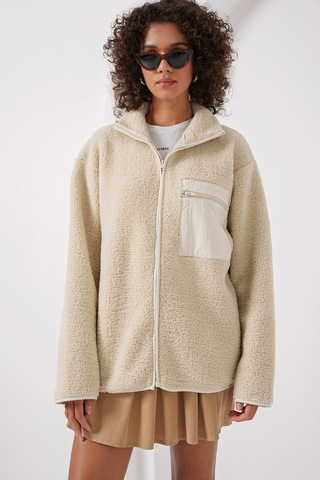 Bigdart 55446 Fermuarlı Oversize Peluş Ceket - Bej