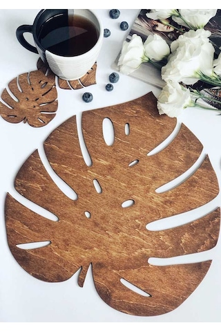 Ahşap Yaprak Şeklinde Çift Katman Bardak Altlığı Sunum Tepsisi Kahverengi Kahverengi