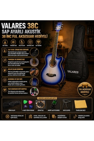 Valares 38c Kesik Kasa Sap Ayarlı Akustik Gitar 38 4/4 Full Aksesuar Hediyeli Mavi Sunburst Blue Sunburst