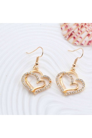 Çok Şık ,Taş İşlemeli, Kalp Takı Seti Kolye Küpe18Gp Sevgililer