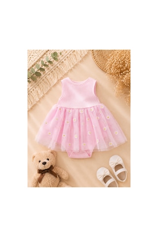Omeca Concept Kız Bebek Papatya Desenli Tüllü Body Elbise Şık Tütü Elbise Görünümlü Çıtçıtlı Bebek Body Pembe