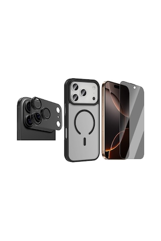 Vendas Apple iPhone Uyumlu 17 Pro Kılıf M-safe Şarj Özellikli Mat Arka Yüzey Zore Sio Kapak +lens +ekran Koruyucu Siyah