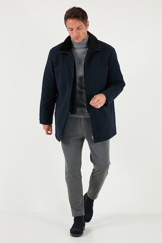 Buratti Slim Fit Çıkarılabilir Tüylü Yaka Detaylı Astarlı Kaşe Erkek Kaban 58400217 Lacivert