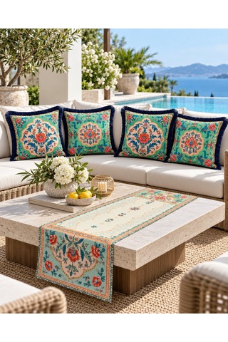 Oriental Bloom Çiçek Desenli Runner + 4 Lü Kırlent Kılıfı Kombin 45 x 45