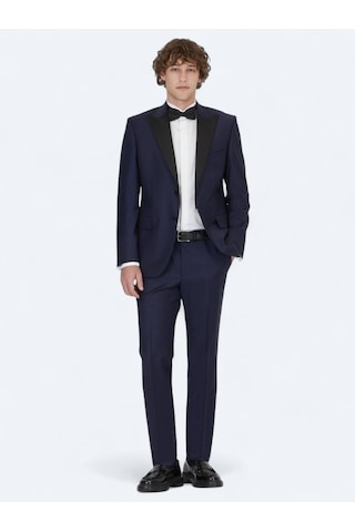 Saks Düz Slim Fit Kruvaze Yaka Dokuma Smokin Takım Elbise Saks