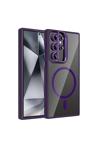 Galaxy Uyumlu S24 Ultra Kılıf Standlı + Kamera Lens Koruma Setli M-safe Şarj Özellikli Mkst Derin Mor Derin Mor