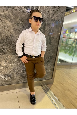 Modavals Erkek Çocuk 3 Parça Gabardin Pantolon & Gömlek & Kemer Kombin-beyaz-745236982 Taba