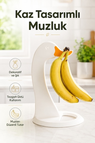 Kaz Figürlü Muzluk Muz Askısı Dekoratif Tezgah Üstü Muz Tutucu 3d Baskı Beyaz