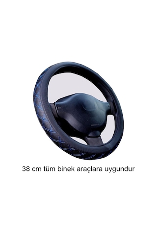 Direksiyon Kılıfı 38 Cm Geçmeli Siyah Binek Araçlara Mavi Nakışlı