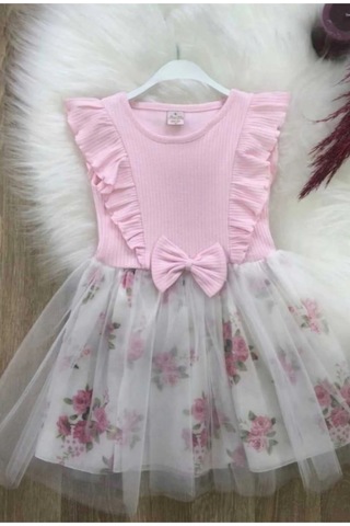 Retro Women Kız Çocuk Toz Pembe Çiçekli Kısa Kol Kırmızı Tütü Kutlama Doğum Günü Abiye Prenses Şık Elbise Pembe