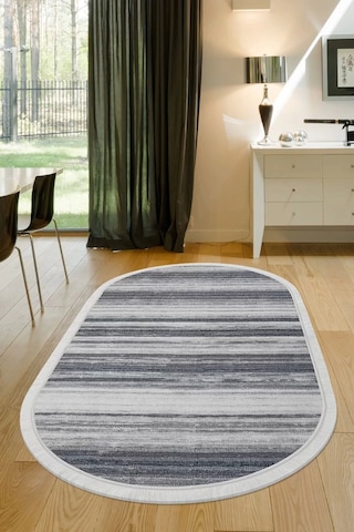 Halı Gri 9026 Cool Yıkanabilir Saçaklı Oval Kesme Ince Yolluk Kilim Salon Halısı Modeli