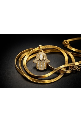 Çelik Hamsa Fatma Eli Kolye Model 9 Taşlı Altın Renk İtalyan Zincir Kadın Kolye Gold