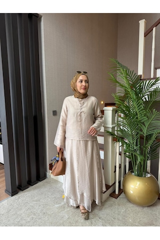 Zara Tensel Bağcık Detaylı Bluz Ve Çok Parçalı Astarlı Etek Takımı Bebe Mavisi & Bej