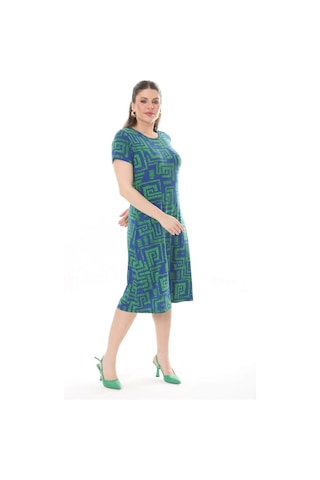 Mooi Xxl Kadın Mavi Yeşil Labirent Desen Midi Elbise-mavi Mavi