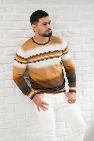 San&fa Bisiklet Yaka Çizgili Slimfit Yünlü Triko Kazak Kahverengi