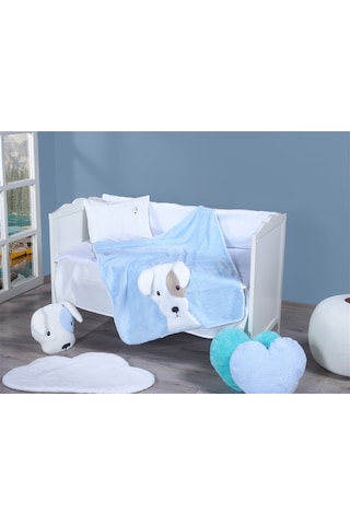 Lüx Sevimli Köpek Figürlü Welsoft Battaniye + Yastık Açık Mavi