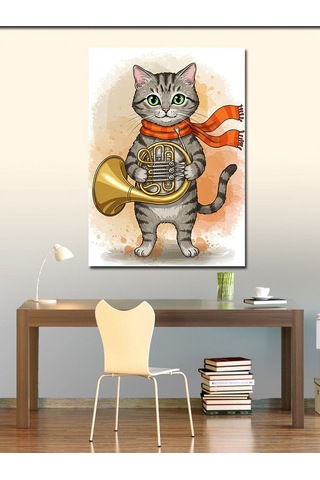 Kanvas Tablo Trombon Çalan Şirin Kedi 70cmx100cm