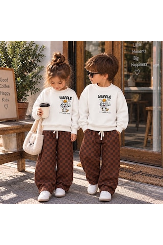 Waffle Baskılı Sweatshirt Ve Kahverengi Kareli Eşofman Alt Üst Takım Süper Kalite