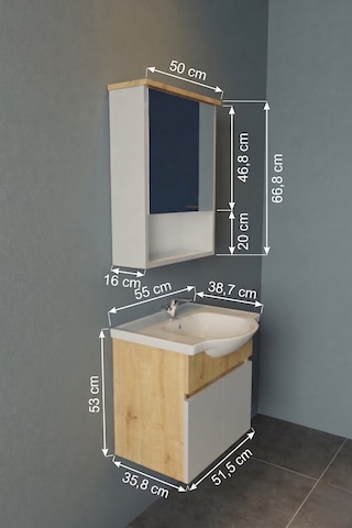 Darende 55cm Seramik Lavabolu Mdf Aynalı Banyo Dolabı Ahşap - Beyaz