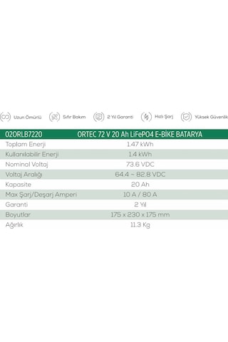 Ortec 72v 20ah Lifepo4 Batarya