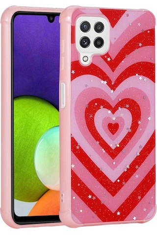 Zore Galaxy Uyumlu M32 Kılıf Simli Desenli Kamera Korumalı Parlak Popy Kapak - Kalp Kalp