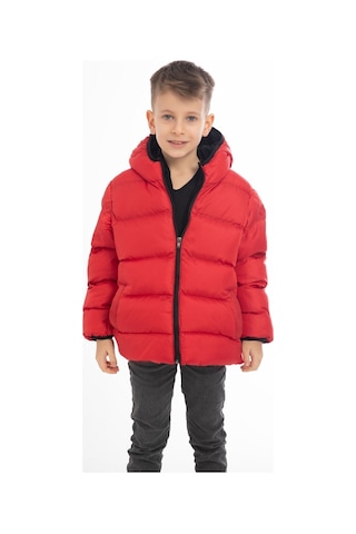 Erkek Çocuk Kırmızı İçi Polarlı Kapüşonlu Su Geçirmez Rüzgara Dayanıklı Şişme Kışlık Mont Kırmızı