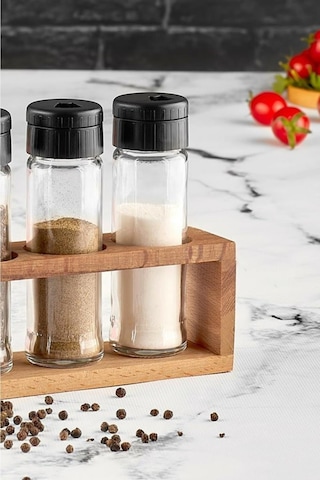 Kenpool Lima 3Lü Baharat Takımı Ahşap Stantlı Baharatlık Siyah Kapak