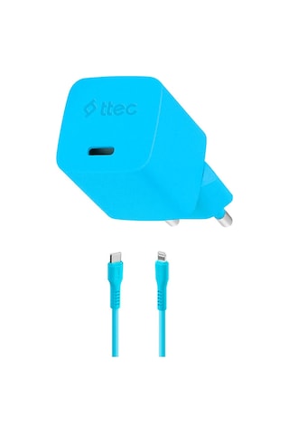 Ttec Smartcharger Gan 20W PD Seyahat Hızlı Şarj Aleti + USB-C - Lightning 120 CM Kablo Neon Mavi