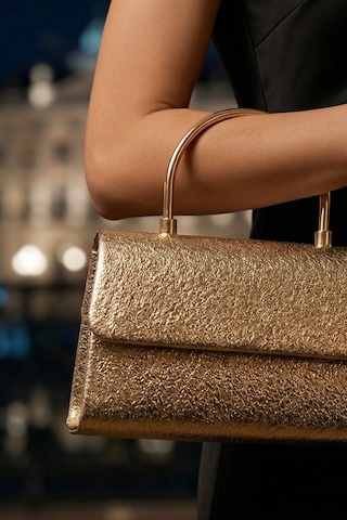 Vellabags Altın Renk Işıltılı Abiye Çanta Metal Saplı Şık Gece & Davet Çantası Açık Altın