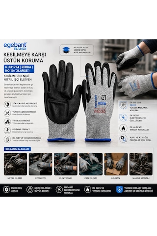 10 Adet Zebra No 10 Xlarge Kesilme Dirençli Nitril İşçi Eldiven Bandı 5332