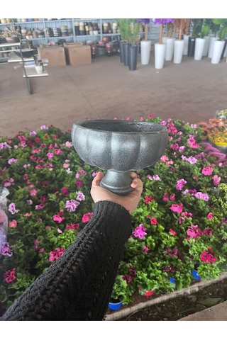 Antrasit Simli Kadeh Taş Saksı - Lüks Ayaklı Büyük Boy Dekoratif Saksı - El Yapımı Şık Çiçeklik
