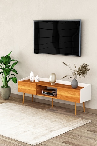 Asra Trend Tv Ünitesi Tv Sehpası T-28 %100 MDF Ayaklı Modern Medya Ünitesi Beyaz - Petra