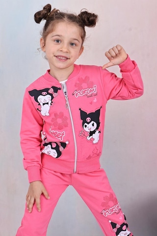 Karakter Baskılı Penye Ceketli - Penye Sweatshirt - Penye Pantolonlu Kız Çocuk 3lü Takım Fuşya