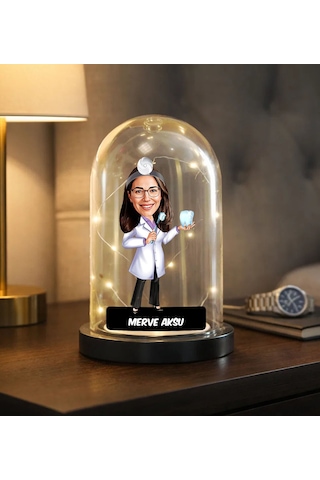 Bk Gift Kişiye Özel Kadın Doktor Karikatürlü Led Işıklı Cam Fanus Biblo -2, Mesleki Hediye, Sevgiliye-arkadaşa Hediye Kobitmeyencom36871 Bk Gift
