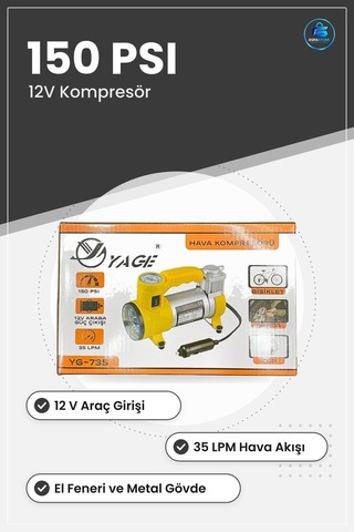 Hava Kompresörü El Fenerli Metal 12v Psı Araç Lastik Şişirme Oto