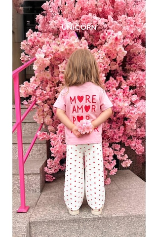 Baby Lory Kids Store Kız Çocuk Kalp Detaylı Pembe Takım Pembe - Beyaz
