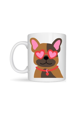 Sevimli French Bulldog Desenli Porselen Kupa Model 48 Kalpli Gözlüklü Köpek Tasarımı, Hediye Kupa, Kahve & Ça Diğer