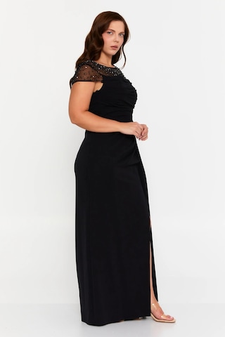 Doridorca Kadın Büyük Beden Taş Süslemeli Derin Yırtmaçlı Maxi Abiye Elbise 7048 Siyah Siyah